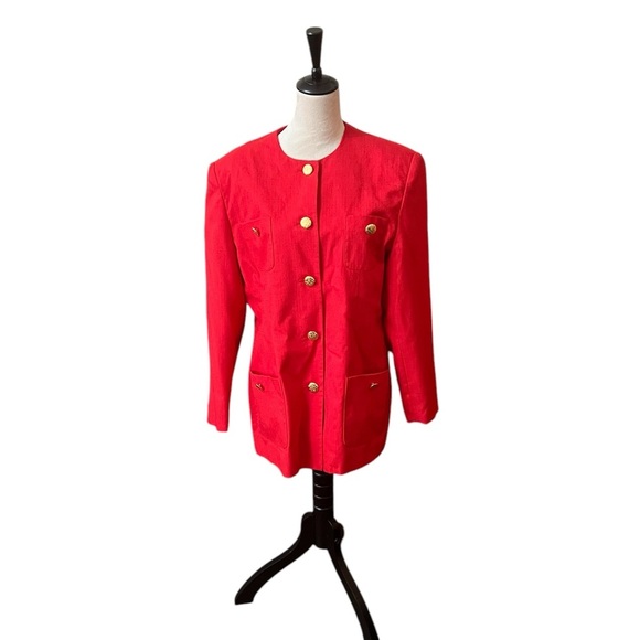 Vintage Red Lined Gold Button Career Business Suit Jacket Size 16 Morgan Miller - Picture 1 of 3